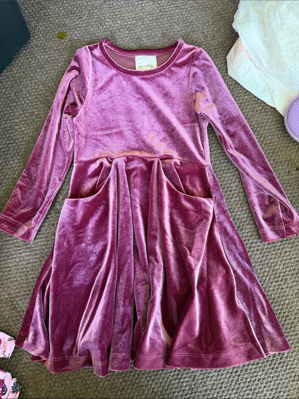 Girls' Velvet Long-Sleeve Pocket Dress - Mauve Pink